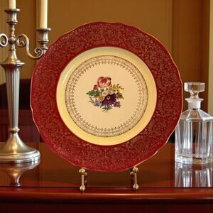 Vintage Steubenville Porcelain Dinner Plate – Floral Center, Red, Pattern #2049